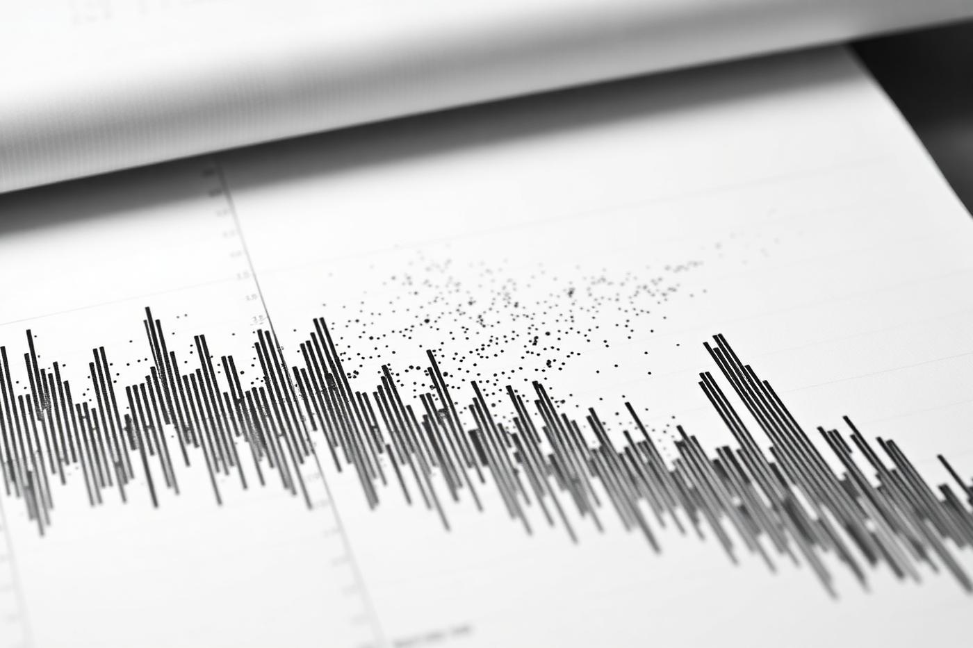 Analytical chart with bar plots and scatter points representing processed data