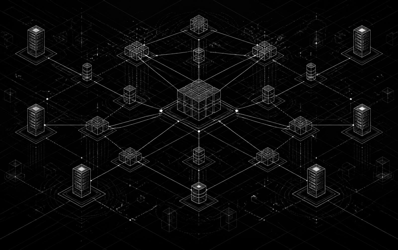 Technical wireframe diagram of connected servers and data nodes