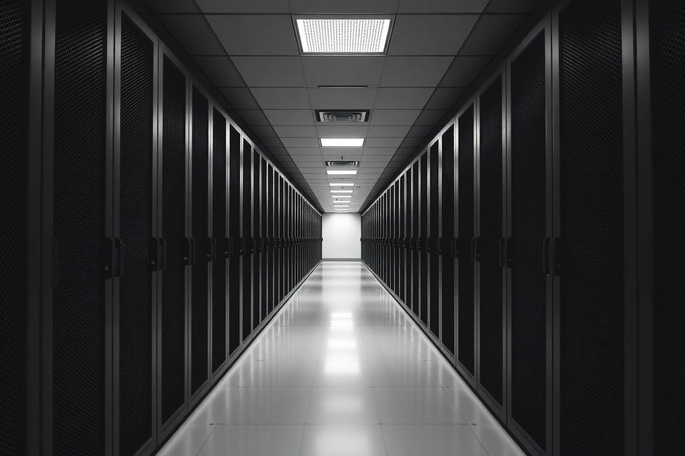 Data centre corridor lined with server racks